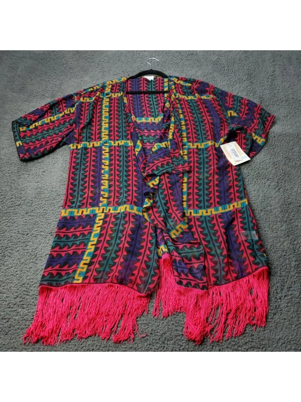 LulaRoe Monroe Kimono Womens  L Large Cardigan Red Fringe Multicolor y2K